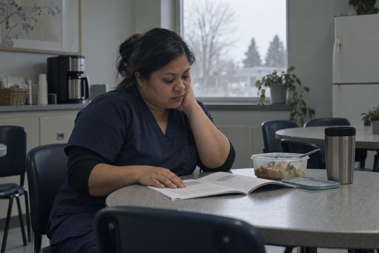 A care worker in scrubs alone on her break in a staff room, reading a stapled printed booklet open on the table beside her lunch container