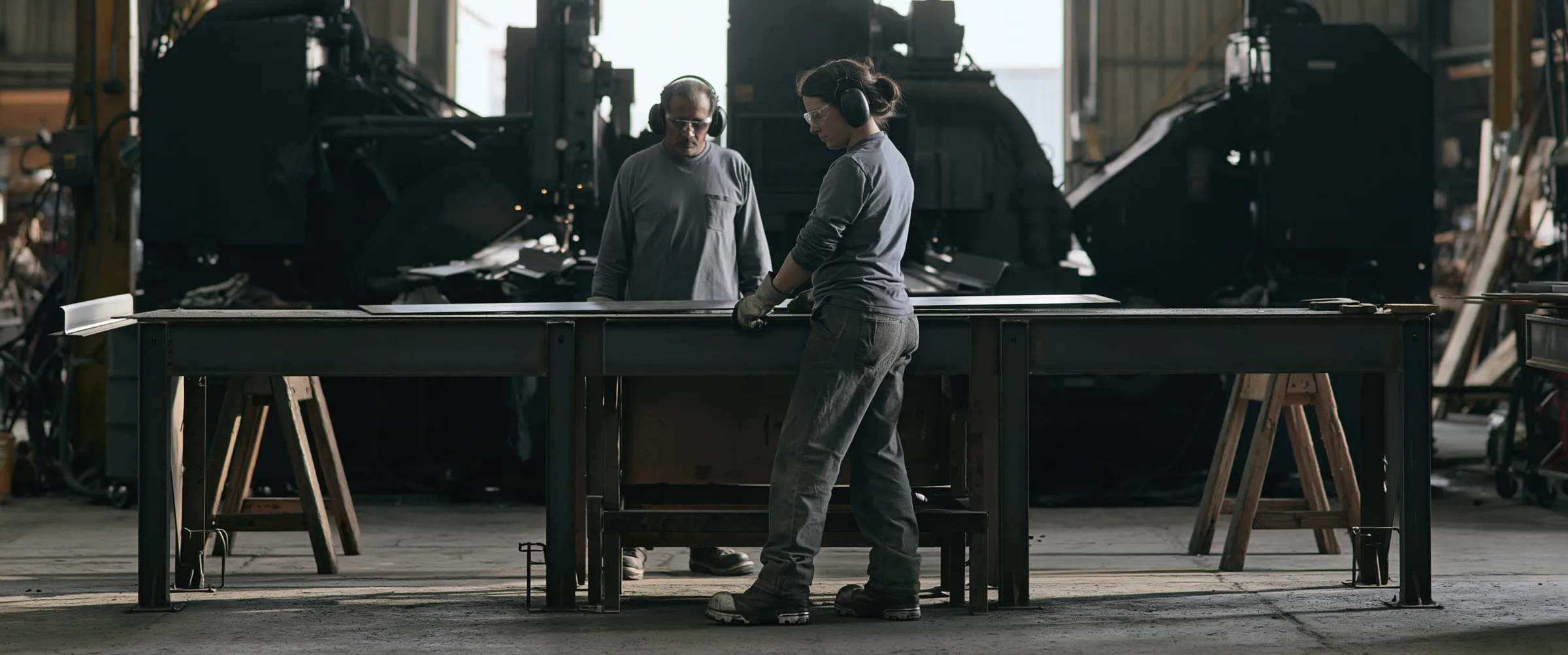 Two workers either side of a lowered fabrication bench, ear defenders on