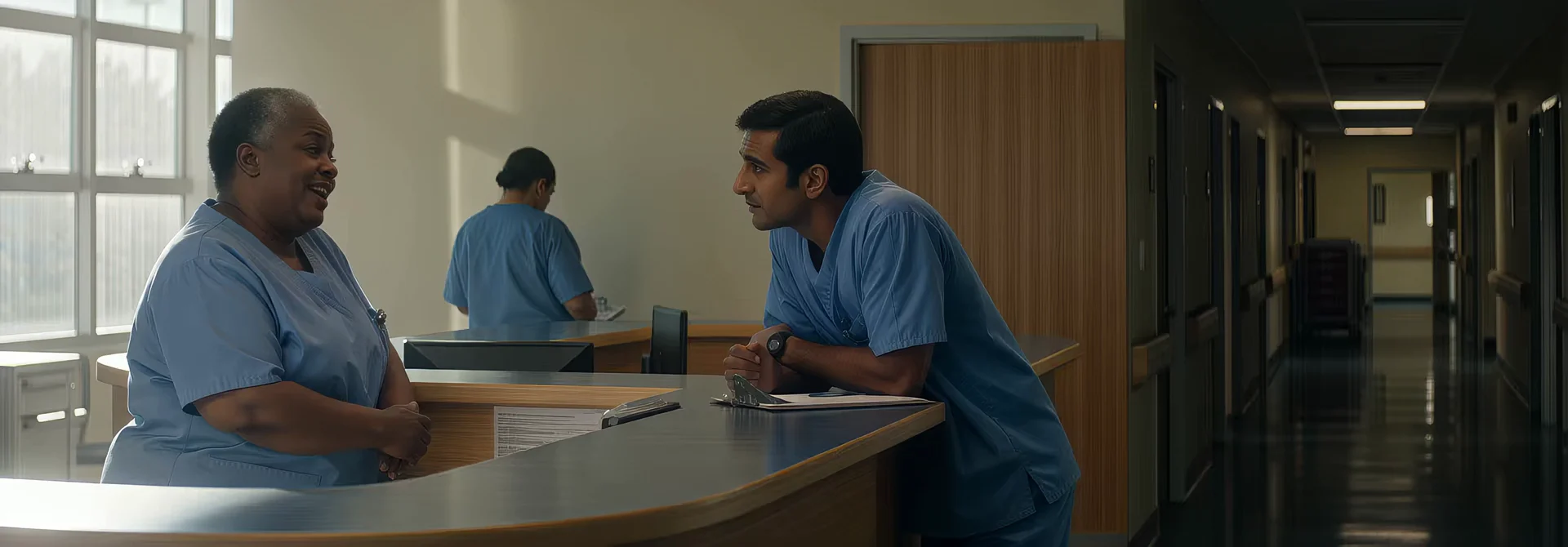 Two hospital staff in scrubs in conversation at a nursing station, one leaning on the counter, the other standing facing her