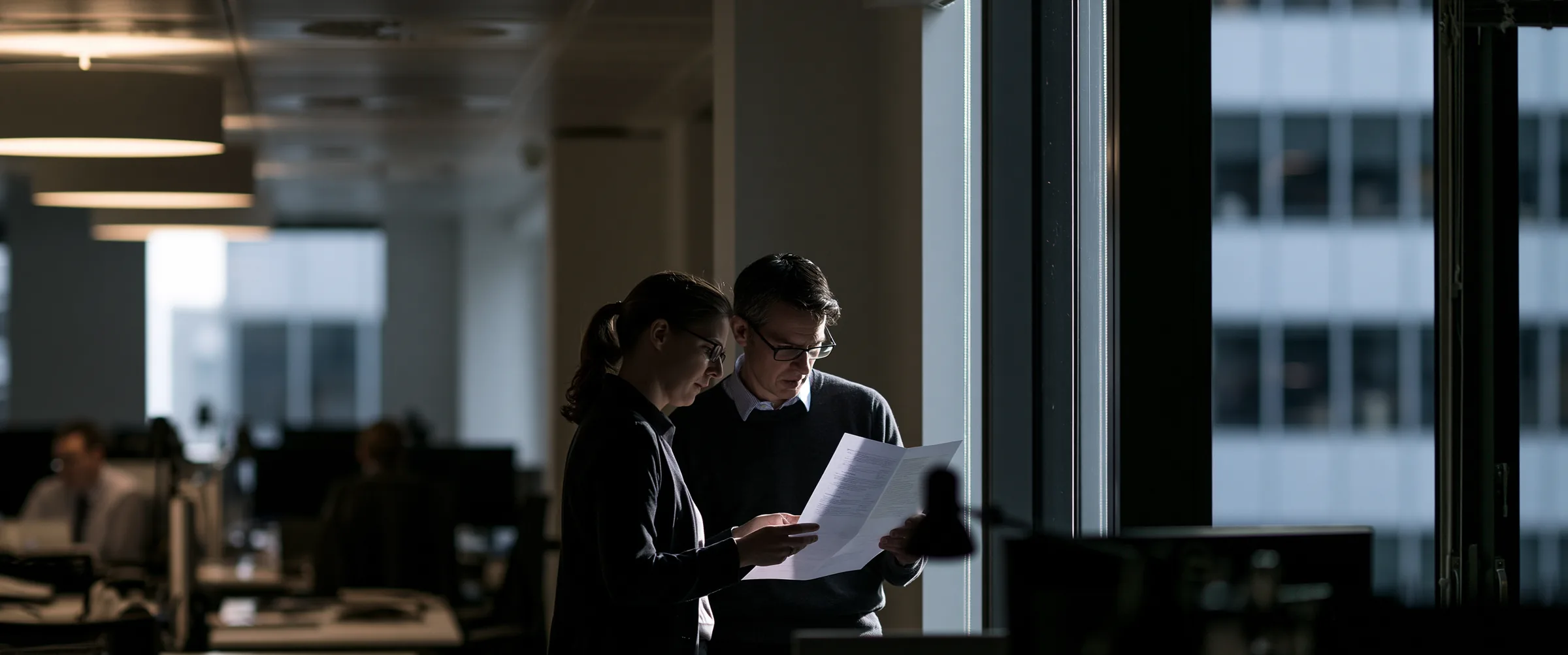 Two colleagues standing at a tall window reading one page held between them, in a dim open-plan office